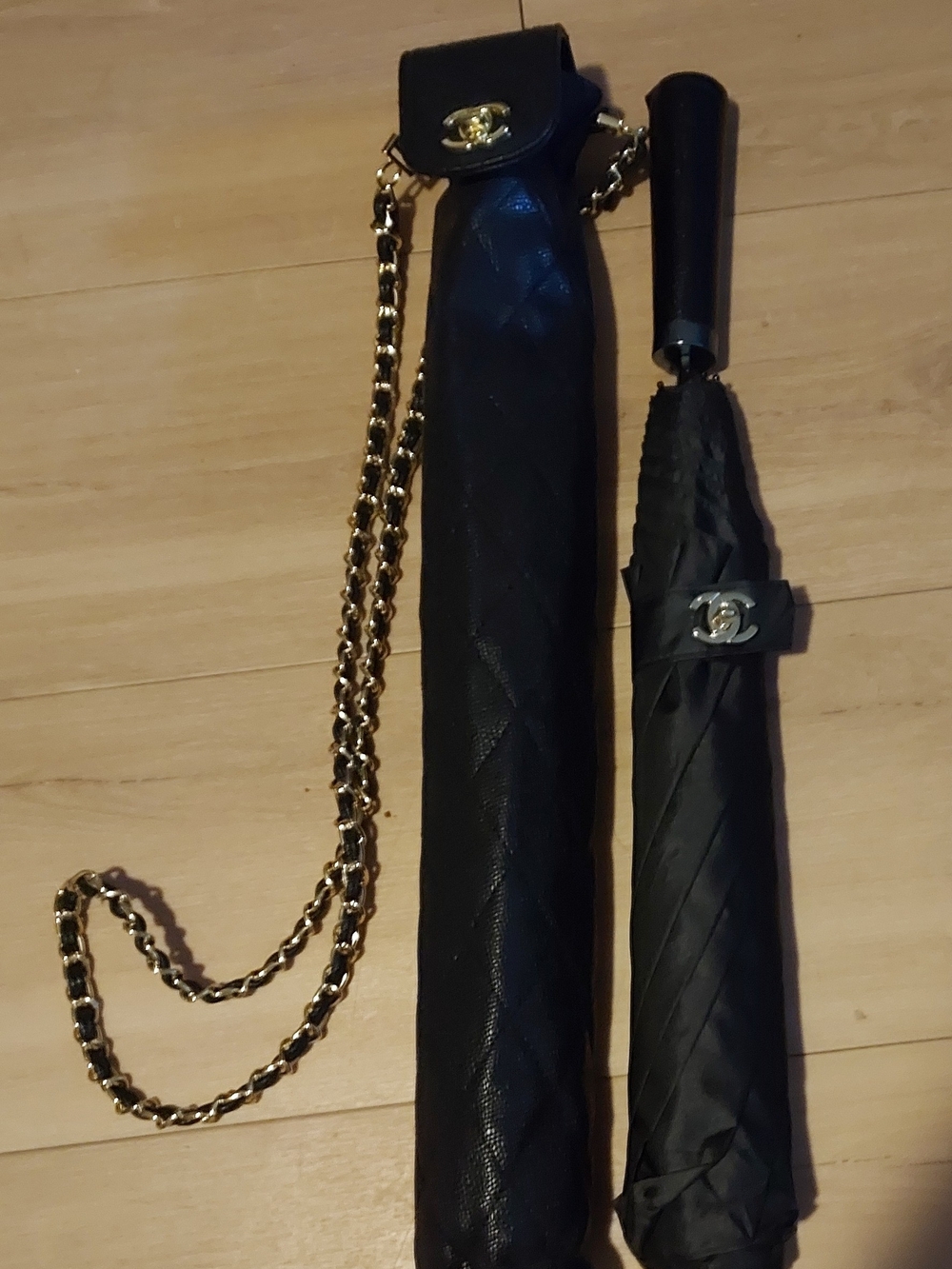CHANEL Black Umbrella with Gold Chain-Trimmed Sleeve - Last Chance Price!